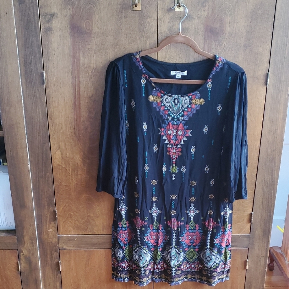 cha cha vente Black Tunic with Colorful Geometric Embroidery